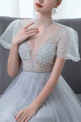 Grey Tulle Evening Dress with Bowknot and High Collar Appliques