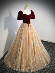 A-Line Prom Dresses Princess Dress Engagement Floor Length Short Sleeve Tulle with Bow(s) Sequin