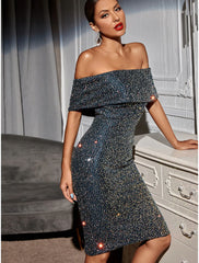 Prom Dresses Vintage Dress Homecoming Short Sleeve Off Shoulder Sequined Backless V Back with Sequin Slit