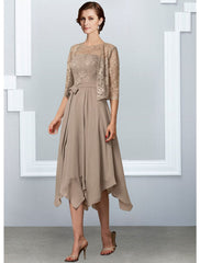 Aimishang A-Line Mother of the Bride Dress Elegant Jewel Neck Tea Length Chiffon Lace Half Sleeve with Pleats
