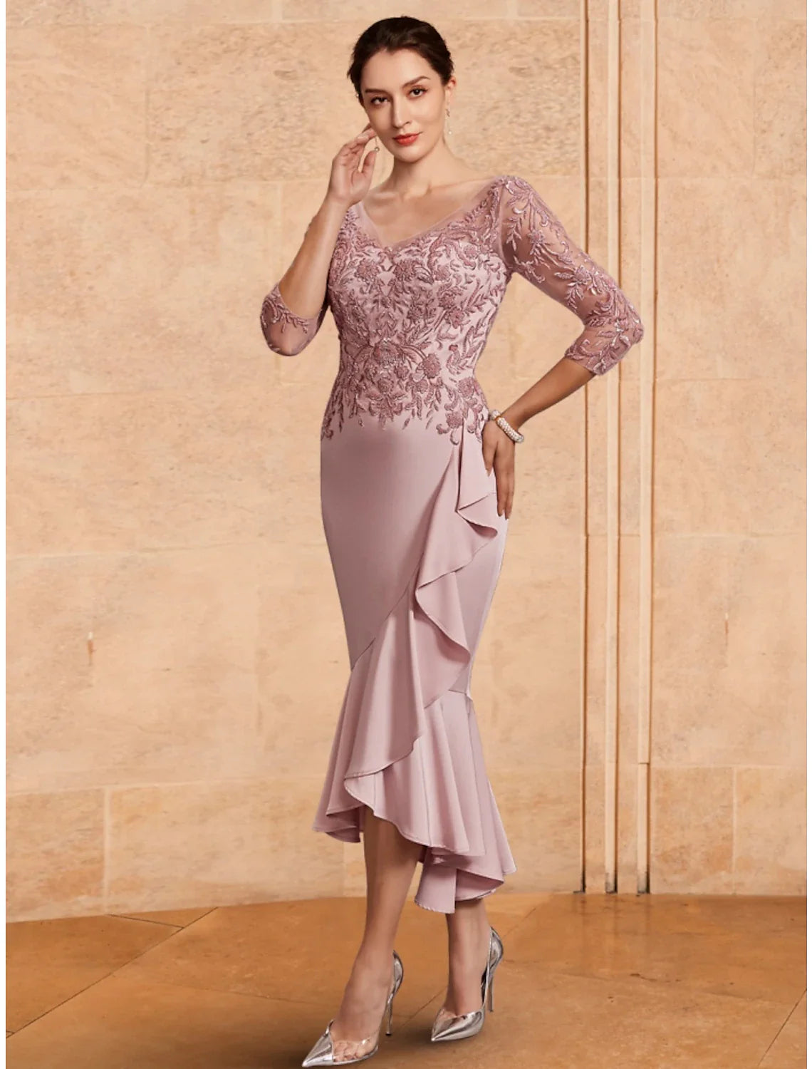Aimishang  A-Line Mother of the Bride Dress Wedding Guest Elegant V Neck Ankle Length Stretch Fabric 3/4 Length Sleeve with Lace Ruching Solid Color