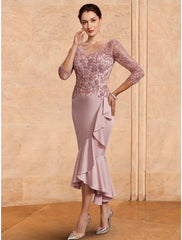 Aimishang  A-Line Mother of the Bride Dress Wedding Guest Elegant V Neck Ankle Length Stretch Fabric 3/4 Length Sleeve with Lace Ruching Solid Color
