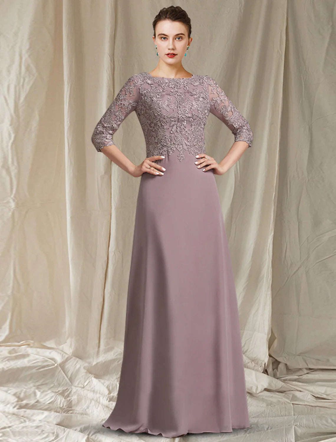 Wholesale A-Line Mother of the Bride Dress Elegant Jewel Neck Floor Length Chiffon Lace 3/4 Length Sleeve with Appliques