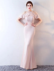 Prom Dresses Floor Length Short Sleeve Halter Jersey Beading Ruffles