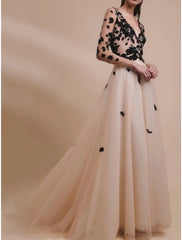 A-Line Evening Gown Champagne Gold Elegant Dress Formal Wedding Guest Sweep / Brush Train Long Sleeve V Neck Tulle with Embroidery