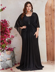 Mermaid / Trumpet Wedding Guest Dresses Plus Size Dress Formal Evening Party Dress Sweep / Brush Train Long Sleeve V Neck Polyester with Sequin Shawl