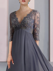 Aimishang A-Line Mother of the Bride Dress Formal Wedding Guest Vintage Elegant V Neck Tea Length Chiffon Lace Half Sleeve with Beading Sequin Appliques