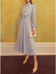 Aimishang A-Line Mother of the Bride Dress Wedding Guest Elegant Petite High Neck Tea Length Long Sleeve with Ruffles Ruching Solid Color