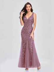 Elegant Party Wear Formal Evening Dress V Neck V Back Sleeveless Floor Length Tulle with Embroidery