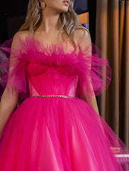 A-Line Evening Gown Elegant Dress Wedding Guest Party Wear Tea Length Sleeveless Strapless Tulle with Pleats