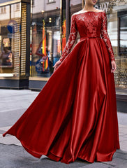 A-Line Evening Gown Party Dress Christmas Red Green Dress Elegant Dress Wedding Guest Fall Floor Length Long Sleeve Off Shoulder Belt / Sash Satin with Appliques 2025
