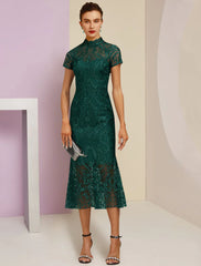 Aimishang  Sheath / Column Mother of the Bride Dress Wedding Guest Elegant High Neck Tea Length Lace Short Sleeve with Appliques