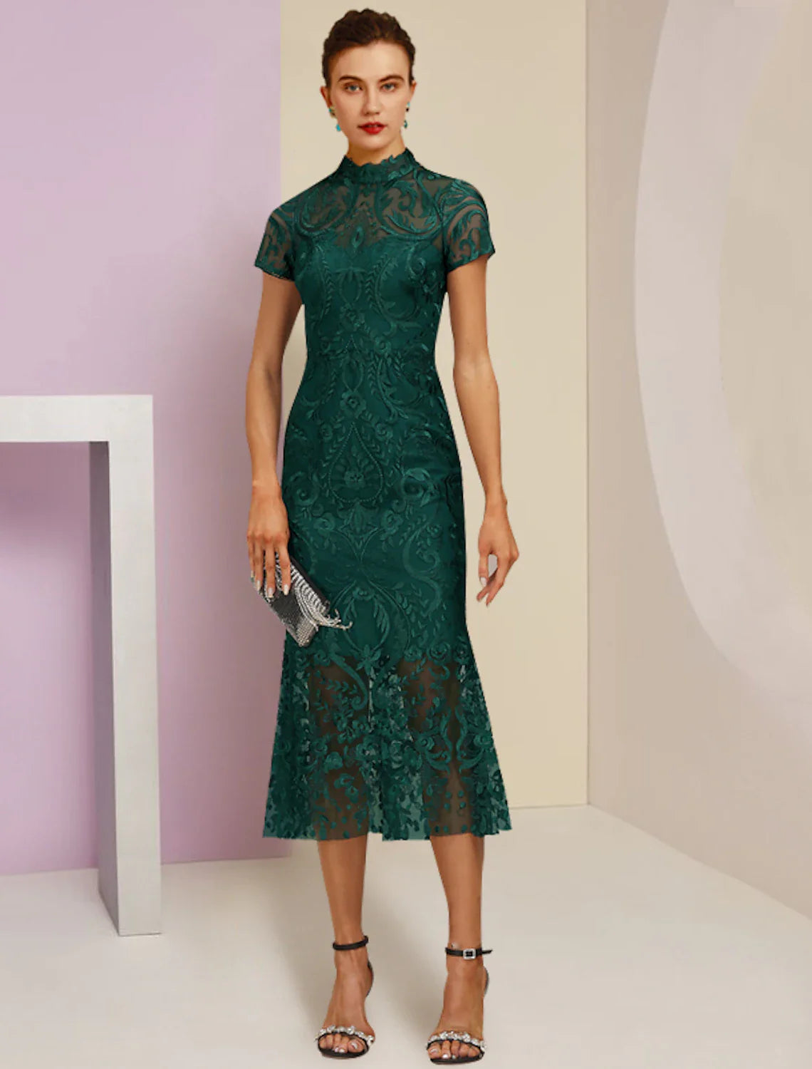 Aimishang  Sheath / Column Mother of the Bride Dress Wedding Guest Elegant High Neck Tea Length Lace Short Sleeve with Appliques