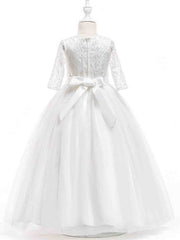Half Sleeve Jewel Neck Flower Girl Dresses with Lace for Princesses