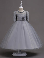 Half Sleeve Lace Jewel Neck Flower Girl Dresses with Satin Tulle Belt and Beading