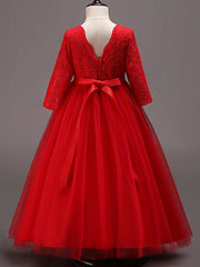 Half Sleeve Lace Tulle Jewel Neck Floor Length Flower Girl Dress With Cotton Belt