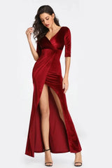 Half Sleeve Velvet Prom Dresses Long Split Evening Gowns