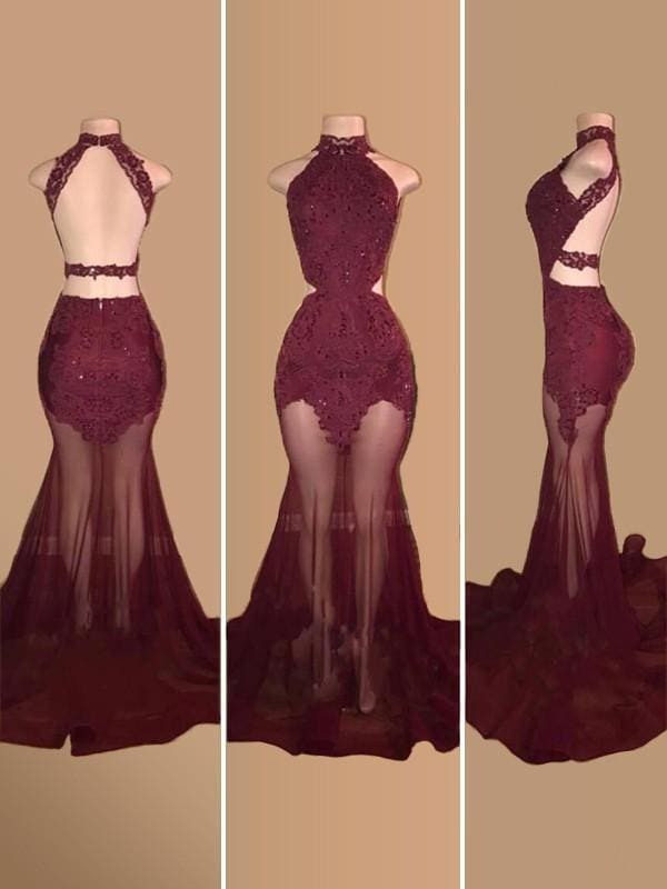 Halter Court Train Tulle Mermaid Prom Dresses With Appliques