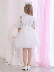 Halter Neck 3/4 Length Sleeve Satin Ball Gown with Beadings and Appliques for Flower Girl