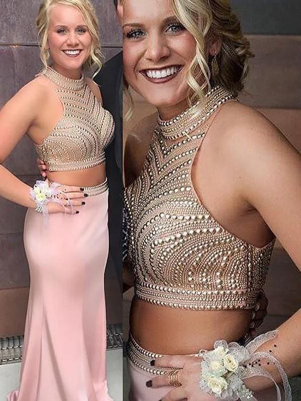 Halter Sleeveless Beading Floor-Length Satin Two Piece Dresses