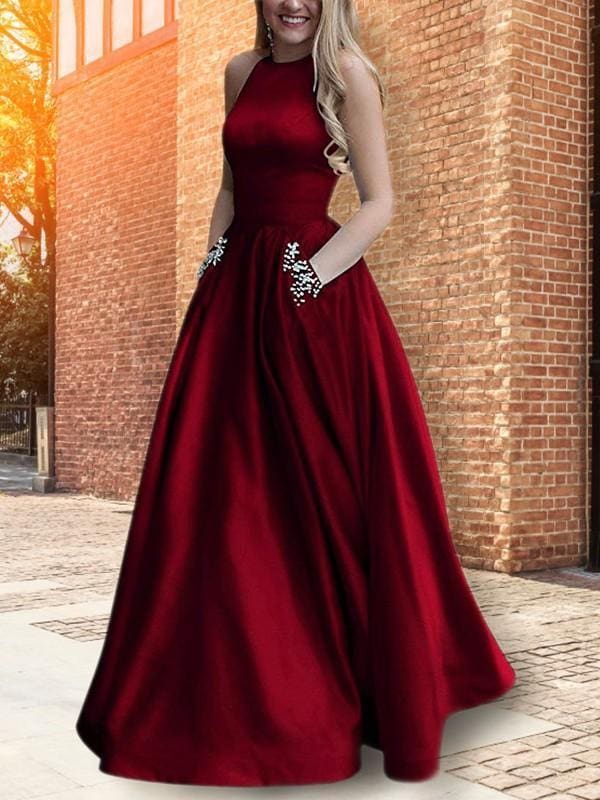 Halter Sleeveless Floor-Length A-line Satin Party Dresses With Beading