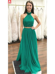 Halter Sleeveless Floor-Length With Beading Tulle Two Piece Dresses