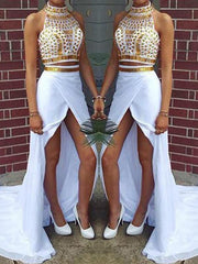 Halter Sleeveless Sweep/Brush Train With Beading Chiffon Dresses