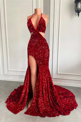 Halter Wine Red Sequins Mermaid Prom Dress With Split