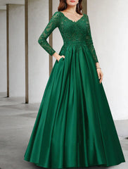 Aimishang A-Line Mother of the Bride Dress Luxurious Elegant V Neck Floor Length Chiffon Lace Long Sleeve with Pleats Appliques