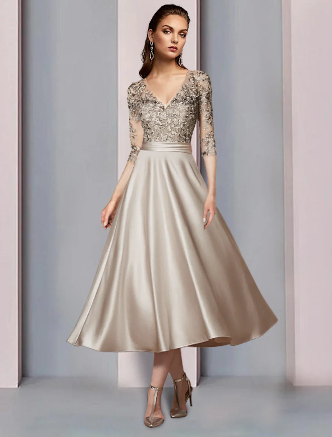 Aimishang  A-Line Mother of the Bride Dress Wedding Guest Elegant V Neck Tea Length Satin Lace Half Sleeve with Pleats Appliques