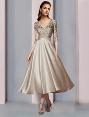 Aimishang  A-Line Mother of the Bride Dress Wedding Guest Elegant V Neck Tea Length Satin Lace Half Sleeve with Pleats Appliques