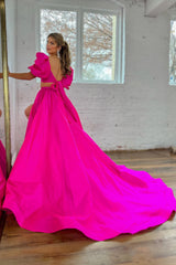 Fuchsia A Line Short Sleeves Backless Long Prom Dress With Slit Beautiful