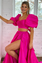 Fuchsia A Line Short Sleeves Backless Long Prom Dress With Slit Beautiful