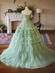 A-Line Off Shoulder Tulle Green Long Prom Dress Sweet 16 Dress Floor Length Solid Color