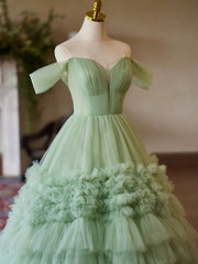 A-Line Off Shoulder Tulle Green Long Prom Dress Sweet 16 Dress Floor Length Solid Color