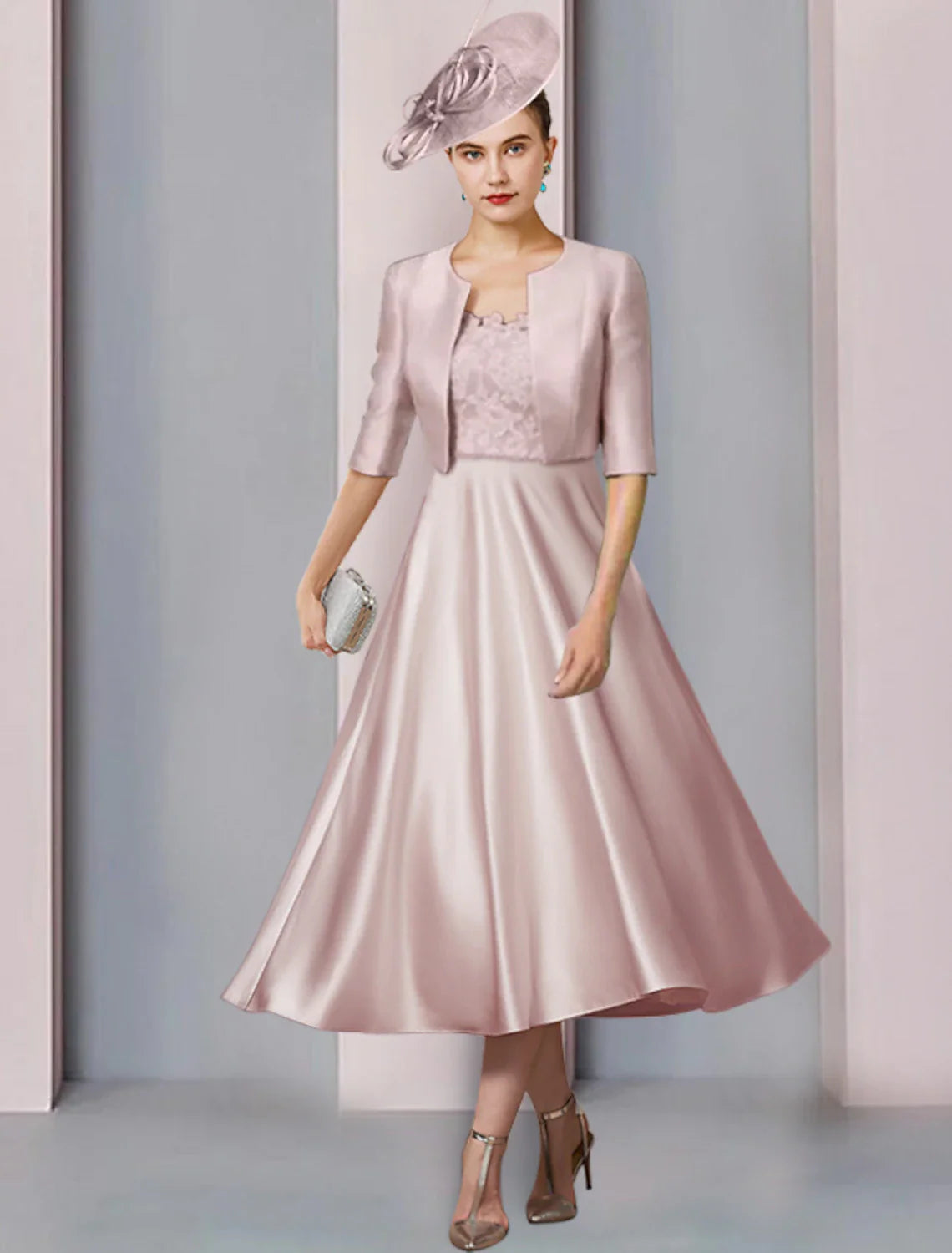 Aimishang  Two Piece A-Line Mother of the Bride Dress Wedding Guest Church Party Elegant Scoop Neck Tea Length Satin Lace Half Sleeve with Pleats