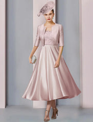 Aimishang  Two Piece A-Line Mother of the Bride Dress Wedding Guest Church Party Elegant Scoop Neck Tea Length Satin Lace Half Sleeve with Pleats