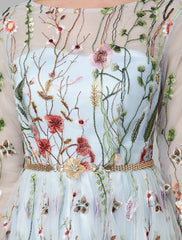 A-Line Evening Gown Party Dress Floral Dress Holiday Wedding Guest Floor Length 3/4 Length Sleeve Illusion Neck Lace with Embroidery 2025