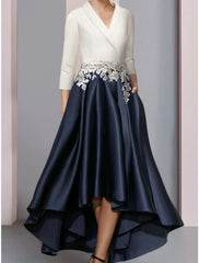 Aimishang A-Line Mother of the Bride Dress Wedding Guest Elegant V Neck Asymmetrical Satin Lace 3/4 Length Sleeve with Ruching