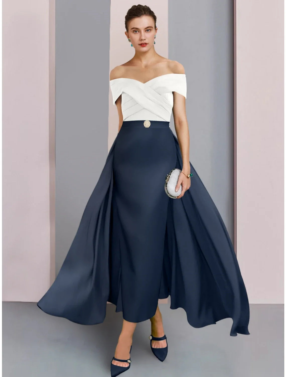 Aimishang A-Line Mother of the Bride Dress Wedding Guest Elegant Off Shoulder Ankle Length Stretch Fabric Short Sleeve with Crystal Brooch Ruching