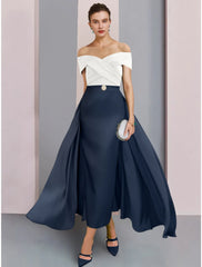 Aimishang A-Line Mother of the Bride Dress Wedding Guest Elegant Off Shoulder Ankle Length Stretch Fabric Short Sleeve with Crystal Brooch Ruching