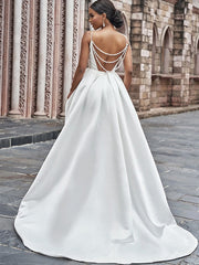 Aimishang  A-Line/Princess Satin Spaghetti Straps Ruffles Sleeveless Sweep/Brush Train Wedding Dresses