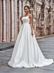 Aimishang  A-Line/Princess Satin Spaghetti Straps Ruffles Sleeveless Sweep/Brush Train Wedding Dresses