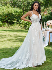 Aimishang  A-Line/Princess Lace Applique V-neck Sleeveless Sweep/Brush Train Wedding Dresses
