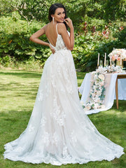 Aimishang  A-Line/Princess Lace Applique V-neck Sleeveless Sweep/Brush Train Wedding Dresses