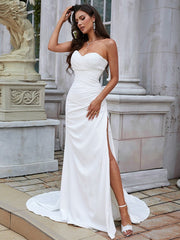 Aimishang Sheath/Column Stretch Crepe Ruched Sweetheart Sleeveless Sweep/Brush Train Wedding Dresses