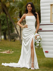 Aimishang  Sheath/Column Woven Satin Ruched Spaghetti Straps Sleeveless Court Train Wedding Dresses