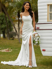 Aimishang  Sheath/Column Woven Satin Ruched Spaghetti Straps Sleeveless Court Train Wedding Dresses