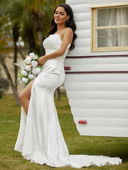 Aimishang  Sheath/Column Woven Satin Ruched Spaghetti Straps Sleeveless Court Train Wedding Dresses