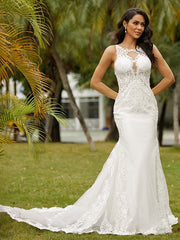 Aimishang  Sheath/Column Stretch Crepe Lace Scoop Sleeveless Cathedral Train Wedding Dresses